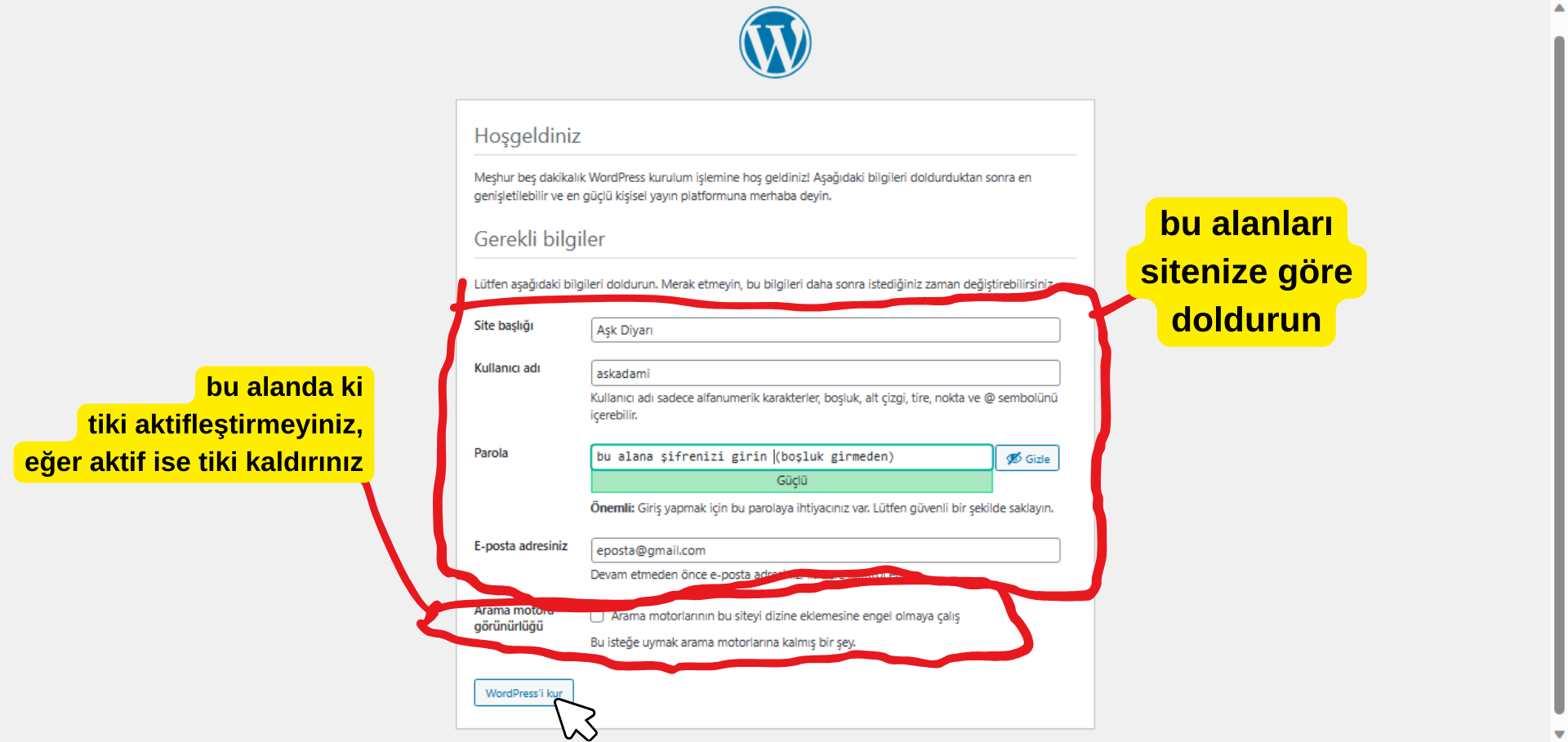 WordPress site kurma: Site bilgileri girme